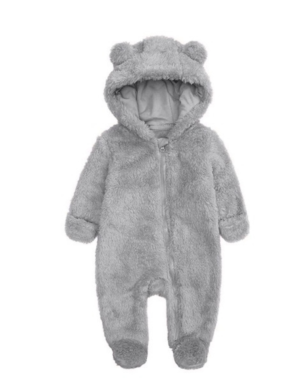 💼2️⃣ Cozy Gray Plush Hooded Baby Footie with Bear Ears